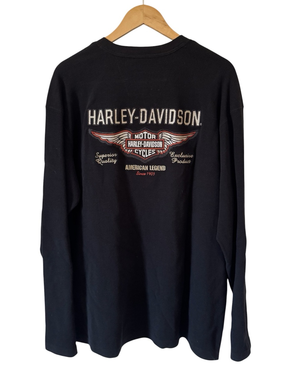 Harley Davidson Black Henley Long Sleeve Shirt Waffle‎ Knit Embroidered XL